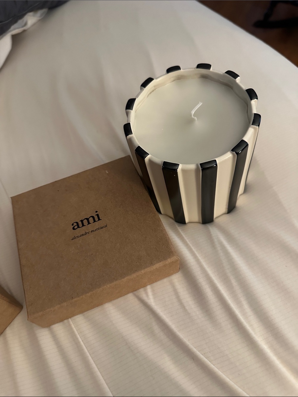 Ami Black & White Striped Ceramic Candle
